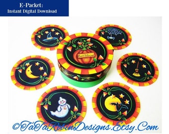 E-Candy Corn Vines-Coaster Set-PDF Instant Download-Digital Instructional Decorative Tole Painting Pattern Packet-Halloween-Pumpkins-Ghosts