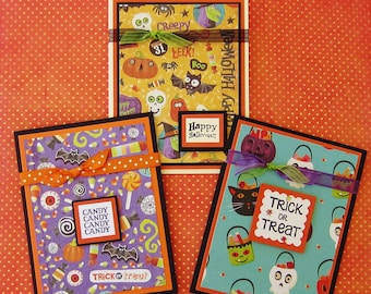 Card-Halloween Handmade Cards- Sold Separately- 3 Different Cards with Stamped Sayings to Choose From- Pumpkins-Bats-Ghosts-Candy-w/Envelope