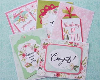CARDS-Handmade Spring Greeting Cards II -5 Different Designs & Sayings-Blank inside w Envelopes-Corals-Greens-Light Aqua-Carta Bella Designs