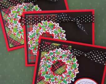 CARDS-Handmade Christmas Cards-Set of 3-Wreath Design with Rhinestones & Glitter Christmas Cards-Stampin Up Materials-Blank with Envelopes