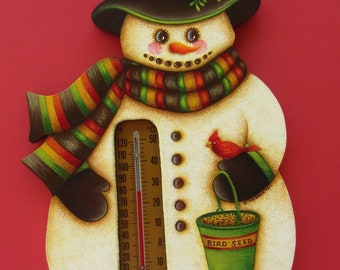 HAND PAINTED CHRISTMAS Decor -Vintage Snowman-Hand painted Snowman w Thermometer-Christmas Item-Hat-Scarf-Cardinal-Bird Seed-Holly& Berries