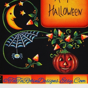 May include: A black background with a whimsical Halloween design featuring a crescent moon, stars, a spider web, a spider, candy corn, and a jack-o-lantern with a happy face. The text "Happy Halloween" is written in black on an orange background.