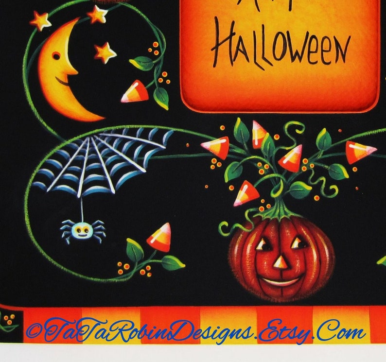 May include: A black background with a whimsical Halloween design featuring a crescent moon, stars, a spider web, a spider, candy corn, and a jack-o-lantern with a happy face. The text "Happy Halloween" is written in black on an orange background.