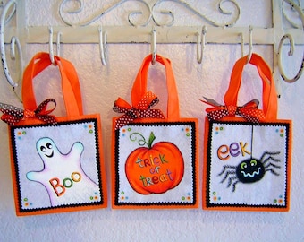 HAND PAINTED Halloween Treat Bags - Canvas Bags - Original Hand Painted by TaTa Robin - Decorative Painting - Boo Ghost-Pumpkin-Spider
