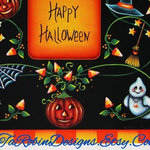 May include: A black background with a orange frame that says "Happy Halloween". The frame is surrounded by vines with candy corn, pumpkins, a crescent moon, a spider web, a ghost, and a witch's hat.