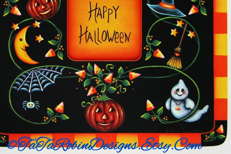 May include: A black background with a orange frame that says "Happy Halloween". The frame is surrounded by vines with candy corn, pumpkins, a crescent moon, a spider web, a ghost, and a witch's hat.
