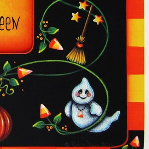May include: A black and orange Halloween themed picture frame with a witch's hat, a broom, candy corn, a ghost, and the text "Happy Halloween".