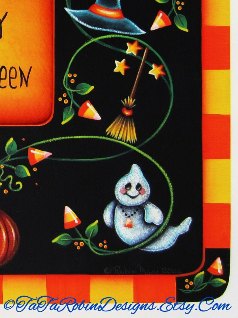 May include: A black and orange Halloween themed picture frame with a witch's hat, a broom, candy corn, a ghost, and the text "Happy Halloween".