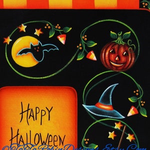 May include: A black background with a green vine and orange and yellow candy corn. A yellow moon with a black bat, a witch's hat, and a jack-o-lantern are also on the vine. The text "Happy Halloween" is on a orange and yellow background.