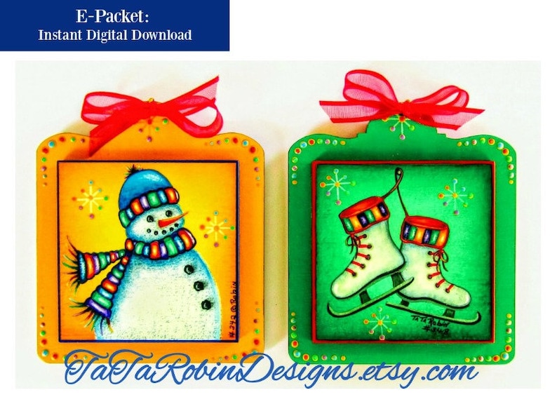 E-PACKET-Snow Day's-Christmas Ornaments-PDF Instant Download-Digital Instructional Decorative Tole Painting Pattern Packet-Ice Skate-Snowman image 1