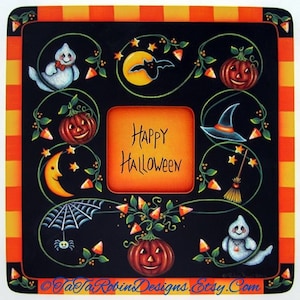 May include: A black and orange Halloween-themed square tile with a black border and a white background. The tile features a variety of Halloween imagery, including ghosts, pumpkins, bats, candy corn, and a witch's hat. The text "Happy Halloween" is written in the center of the tile.