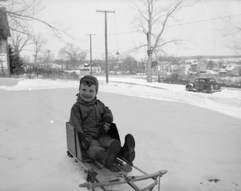 Vintage Photo Film Negatives, Winter Scenes, Boy on Sled with Parents, Mystic, Connecticut Area, 1940s
