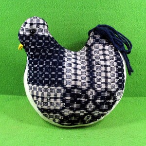 Vintage Pillow Chicken, Handmade of Old Jacquard Coverlet Material, Rustic Decorative Item Made in 1980s