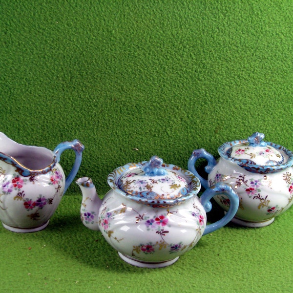 Vintage Child's China Tea Set with Sugar Bowl, Creamer and Teapot, Maker Unknown, Possibly German, 1950s