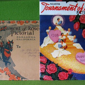 May include: A vintage Tournament of Roses Pictorial booklet from Pasadena, California, featuring a colorful illustration of a parade float with a heart-shaped candy and a group of women in white dresses. The booklet cover has a floral border and the text "Tournament of Roses Pictorial" and "Pasadena, California".