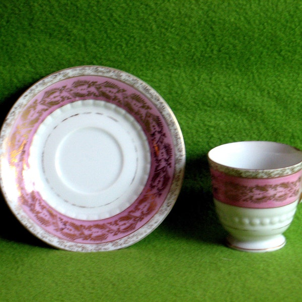 Vintage Demitasse Cup and Saucer, Porcelain China, Occupied Japan Period, Gold Scrollwork on Pink, 1940s