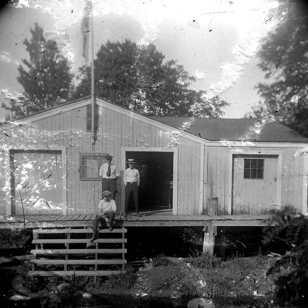 Antique Photo, One 4x5 Inch B&W Photo Glass Negative, People at a Fishing Camp, Northern New England, 1900s