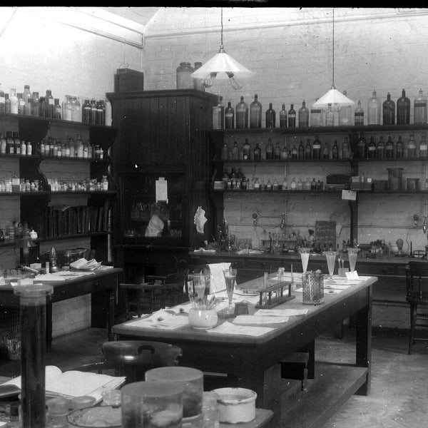 One Antique B&W Photo Glass Negative, Looks Like a School Chemistry Lab, Likely English from early 1900s