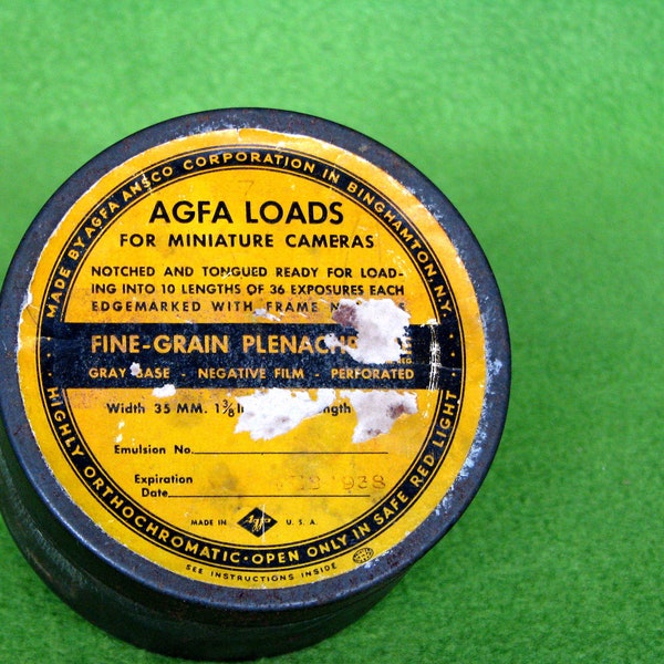 Vintage Agfa 33 mm Bulk Photo Film Canister, Agfa Ansco Corporation, Binghamton, New York, 1938