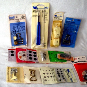 Vintage Sewing Notions, Snap Fasteners, Buckles, Snap Tape, Overall Buckles and More, Mostly from 1990s
