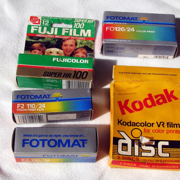 Vintage Photo Film, Five Unused Rolls Including Photomat, Fujicolor, Kodacolor Disc Film, From 1984 to 1987
