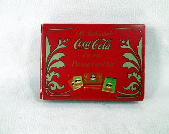 Vintage Coca Cola Collectible, Card Set of 2 Packs of Cards in Metal Box with Score Pad and Pencil, 1990s