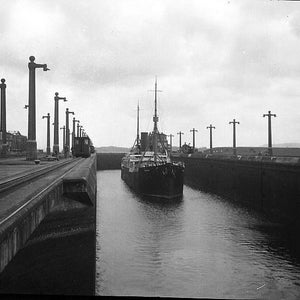 Vintage Photos, Five 4x5 B&W Photo Film Negatives, Tour Ship in Panama Canal Lock, Estimated from the 1930s