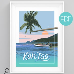 Koh Tao, Thailand Vintage Travel Poster, diy printable pdf jpeg download