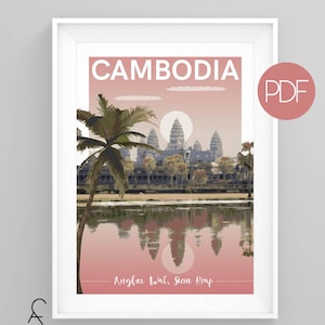 Angkor Wat, CAMBODIA, Vintage Travel Poster, Temple, Siem Reap, diy printable pdf/jpeg download