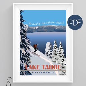 Lake Tahoe Heavenly Ski Resort, Vintage Travel Poster, diy printable pdf/jpeg download