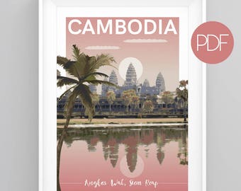 May include: A pink and white travel poster with an illustration of Angkor Wat, a temple complex in Siem Reap, Cambodia. The poster features a palm tree, a reflection of the temple in a body of water, and the text "CAMBODIA" and "Angkor Wat, Siem Reap".
