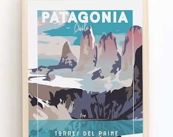 Impresión de Torres del Paine, Patagonia chilena, impresión de póster de viaje vintage