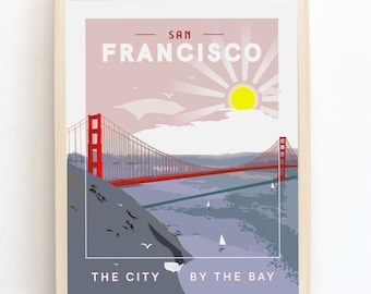 San Francisco Travel Poster, Golden Gate Bridge Art, Retro Print