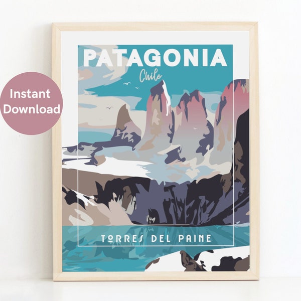 PATAGONIA, Torres Del Paine, CHILE Vintage Travel Poster, diy printable pdf jpeg download