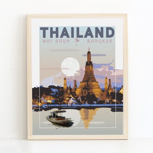 Reisposter THAILAND, BANGKOK Art Print, tempelkunst, Wat Arun-print, vintage poster, retro reiskunst