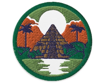 Mayan Temple Travel Patch, Vintage Style Embroidery, Iron-on Patch (3 inch)