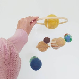 Small Solar System Mobile with silk fibers, needle felted planets, Melange colours