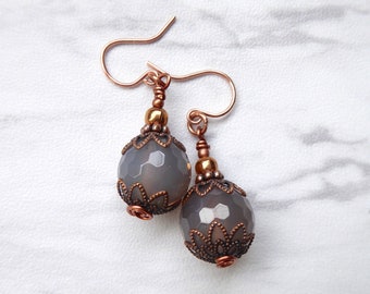 Smoky Agate Drop Earrings | Agate Dangly Earrings | Classic Jewelry | Copper Stone Earrings