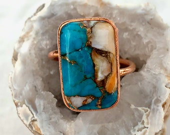 Turquoise and Spiny Oyster Copper Ring Size 9.5 | Copper Electroformed Jewelry | Natural Turquoise Stone Jewelry