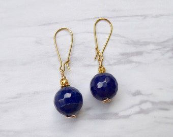 Blue Agate Drop Earrings | Gold Statement Drop Earrings | Faced Stone Earrings