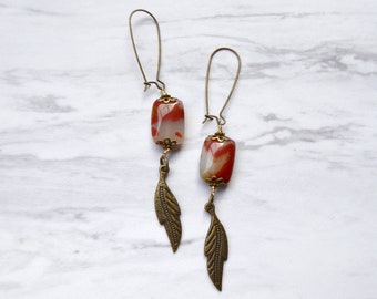 Jasper Quartz Feather Earrings | Natural Stone Jewelry | Long Stone Earrings | Boho Wispy Jewelry
