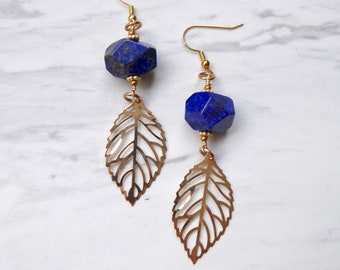 Faceted Lapis and Gold Leaf Earrings | Natural Stone Jewelry | Filigree Leaves | Blue Gemstone Earrings