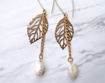 Rock Pearl and Gold Leaf Earrings | Pearl Jewelry | Filigree Leaves | Boho Classy Jewelry