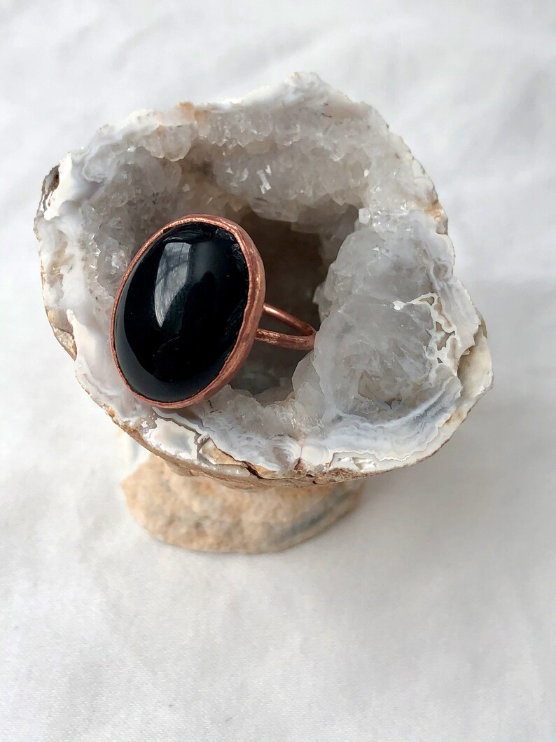 Black Stone Ring Copper Electroformed Jewelry Natural Stone Jewelry Onyx Copper Ring Size 7
