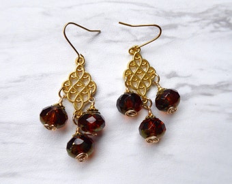 Burnish Orange Czech Glass Chandelier Earrings | Glass Bead Earrings | Gold Elegant Earrings