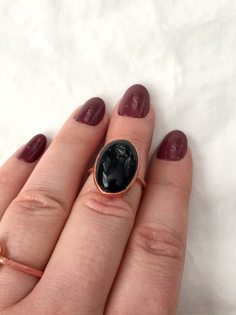 Black Stone Ring Copper Electroformed Jewelry Natural Stone Jewelry Onyx Copper Ring Size 7
