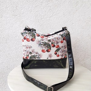 Crossbody purse Boho, Cheerful cherries, inside Pockets messenger bag, hobo bag vegan leather, canvas bag, girl bag, day shoulder bag