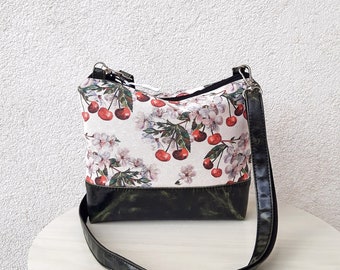 Crossbody purse Boho, Cheerful cherries, inside Pockets messenger bag, hobo bag vegan leather, canvas bag, girl bag, day shoulder bag