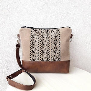 Natural Canvas Crossbody bag, Rosemary Print vegan bag, brown leather, hobo shoulder handbag, Handmade