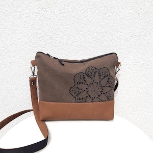 Small Brown Beige Gray Crossbody bag, Canvas shoulder bag, Vegan hobo purse, Retro Print